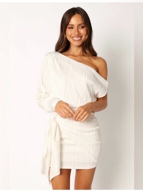 Petal & Pup Ivory off-Shoulder Mini Dress with Waist Tie